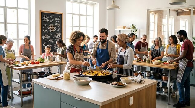 Group of people attending culinary cooking workshop