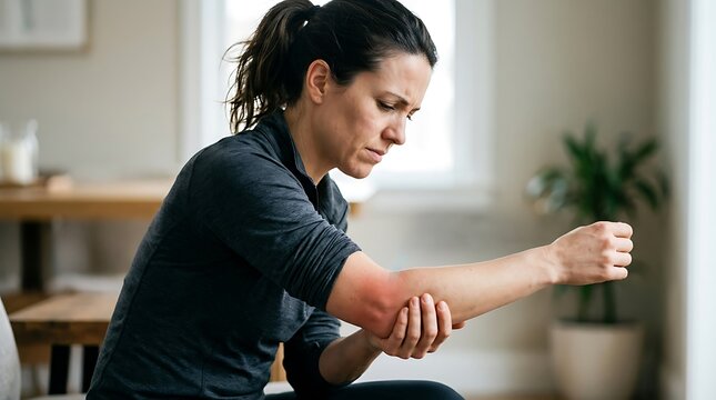 Female's elbow pain. Arm pain and injury concept. Closeup side profile woman with painful elbow. Woman with elbow complaints