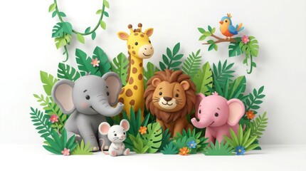 Naklejka premium Safari animals in papercraft style with lush tropical foliage
