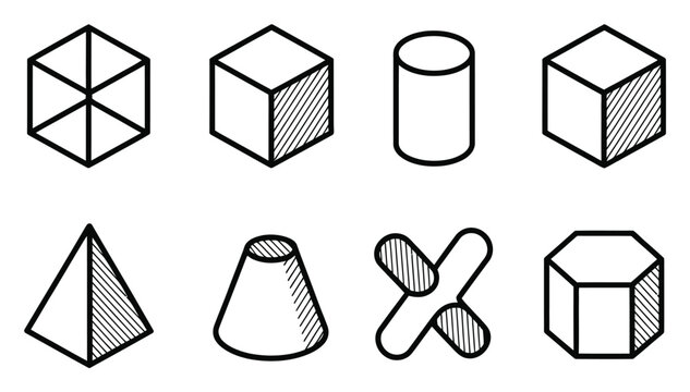 Conjunto de formas geom&eacute;tricas 3D con sombreado dibujado a mano