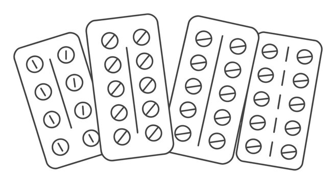 Dibujo lineal sencillo en blanco y negro de cuatro bl&iacute;steres de p&iacute;ldoras