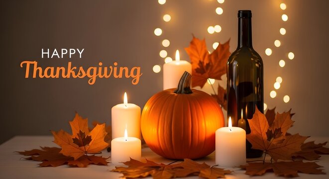 Festive thanksgiving still life with pumpkin wine and candles