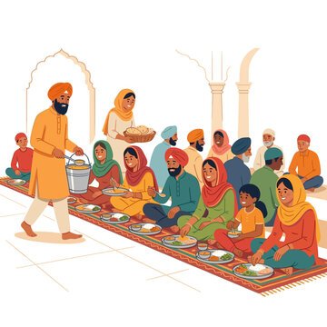 Sikh community sharing a communal meal in a Gurdwara
