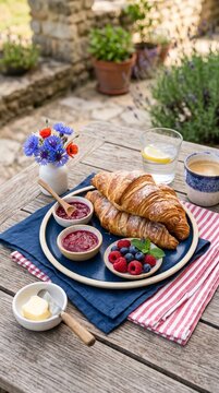 Delicious French Breakfast with Croissants, Berries, Jam, Coffee and Water with Lemon served outdoors on a wooden table