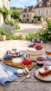 French Desserts and Wine on a Table in a French Village Square with French Flags