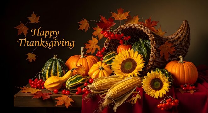 Festive thanksgiving still life with cornucopia pumpkins and autumn harvest bounty