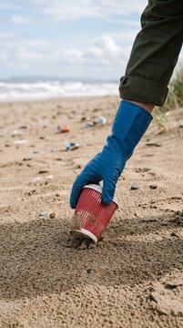 Person in blue glove picking up a discarded red paper cup from a sandy beach with ocean waves in background