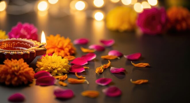 Lit diya lamp surrounded by scattered orange and pink flower petals on a dark surface lit candle dark background
