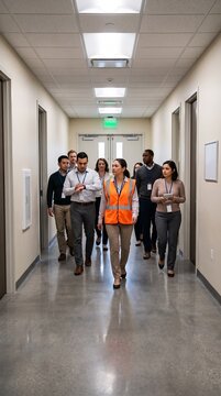 Diverse group of professionals walking down a modern office hallway wearing identification badges