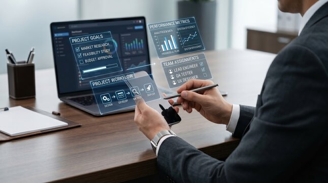 Business executive managing project workflow on tablet with holographic overlays, strategic planning interface, performance metrics dashboard, team assignment tracker, market re...
