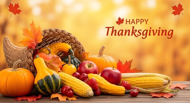 Festive thanksgiving still life with cornucopia pumpkins and autumn harvest fruits