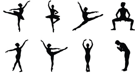 Collection of elegant ballet dancer silhouettes in various graceful poses isolated on a white background © MSTHAFIZA