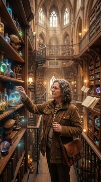Woman in vintage library examines glowing jar amidst shelves of books and arcane objects