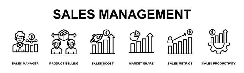 Obraz premium Sales Management Banner Web Outline Icon Vector Illustration Concept for Business with Icons of Sales Manager, Product Selling, Sales Boost, Market Share, Sales Metrics, Sales Productivity