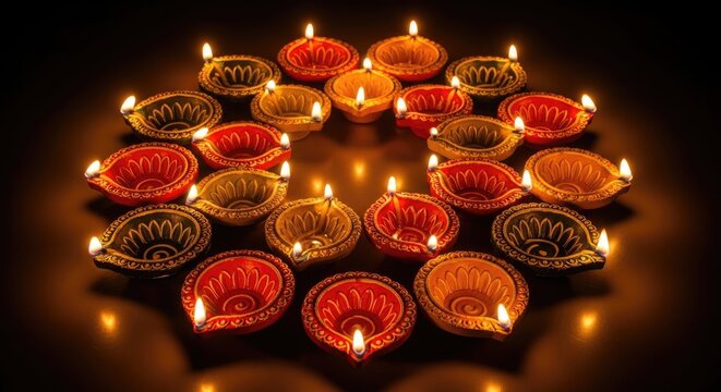 Colorful oil lamps arranged in a circular pattern with lit candles on a dark background diya