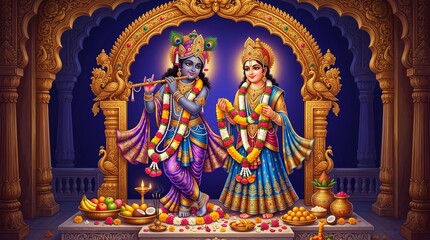 Fototapeta premium Beautiful statues of radha krishna standing under golden archway for krishna janmashtami and radhashtami puja wearing colorful ornate clothing and peacock feathers in hindu temple ... 