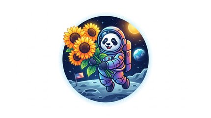 Cute panda astronaut holding sunflowers in space. © Syarif