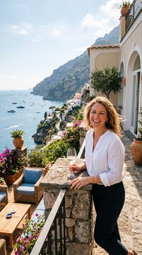 Woman enjoying wine on a balcony overlooking the Amalfi Coast with boats in the sea