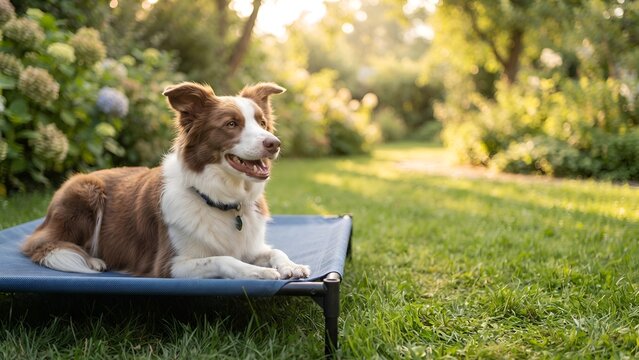 Happy Border Collie dog resting on an elevated pet bed in a sunlit garden.