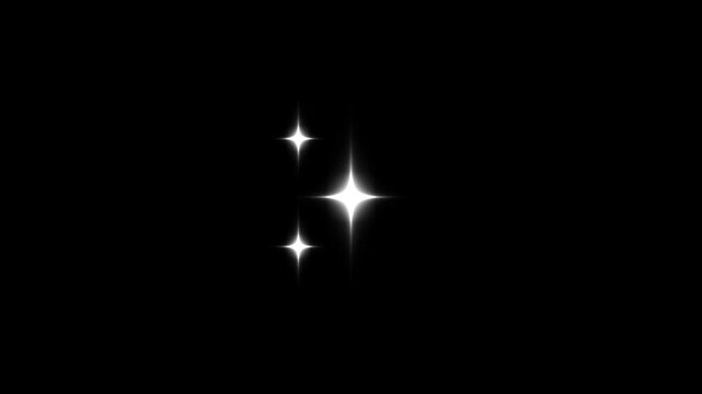 Star glitter sparkle animation, glowing twinkle stars, bright fairy shine effect, black background, festive holiday decoration, white cartoon doodle stars, seamless blinking light animation, 4K