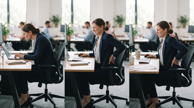 step sequence of businesswoman suffering from back pain due to poor posture at desk