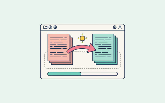 Vector illustration of a web browser window showing a data migration process with documents transferring from one stack to another via a curved arrow