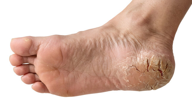 Close up of a human foot with severely cracked and dry skin on the heel.