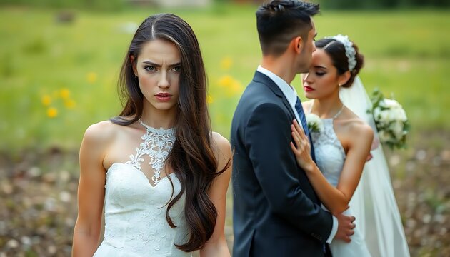womans tanding alone looking angry towards a bride and groom, while a young Caucasian couple embraces or having a romantic moment, CREATED WITH GENERATIVE AI