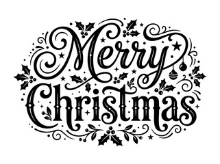 Fototapeta premium A visually rich and festive typographical design proclaiming 'Merry Christmas' in an elegant, calligraphic style. The text is rendered in bold black against a clean white background. Intricate