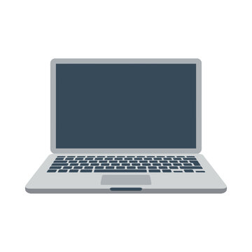 A sleek silver laptop computer with a blank dark screen is displayed