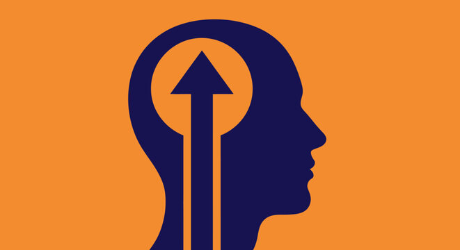 A silhouette of a human head with an upward pointing arrow inside
