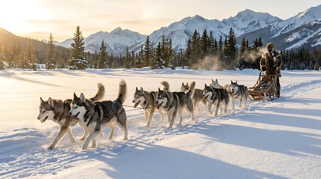 Husky team pulling sled across sunlit snow field.