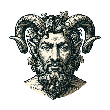Intricate engraving of a mythical satyr adorned with grapevines