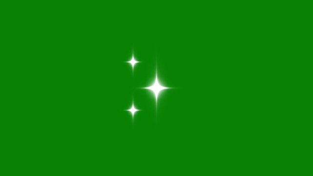 White sparkling stars shine animation, glowing fairy twinkle stars, green background, festive holiday blinking lights, cartoon vector doodles, seamless looping sparkle overlay, bright glow, 4K