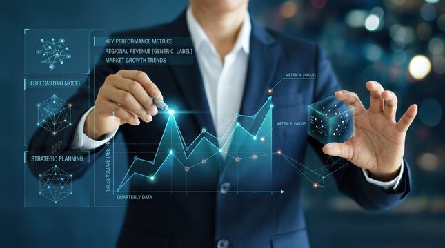 Businessman in suit interacting with futuristic holographic financial charts, analyzing key performance metrics and forecasting models on virtual screen, strategic planning and ...