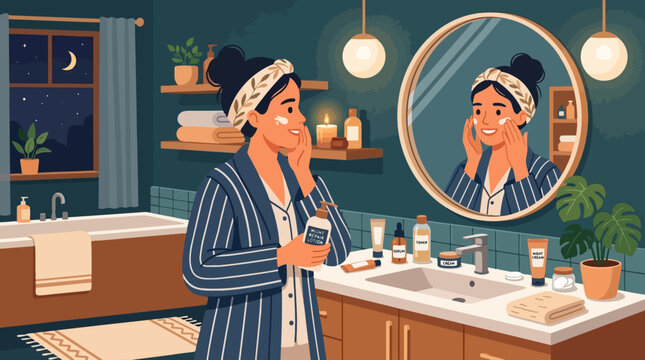 Woman applying night repair lotion in bathroom at night with moon and stars visible through window