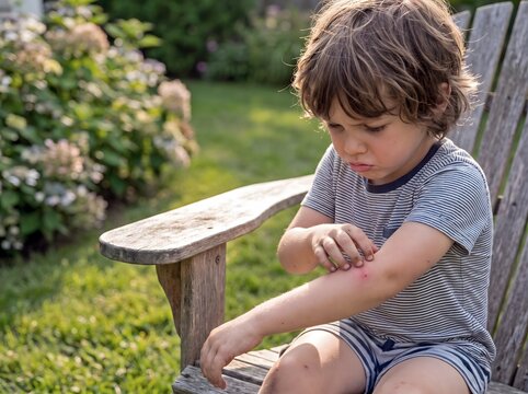 Young child scratching itchy insect bug bite on forearm outdoors in sunny backyard garden