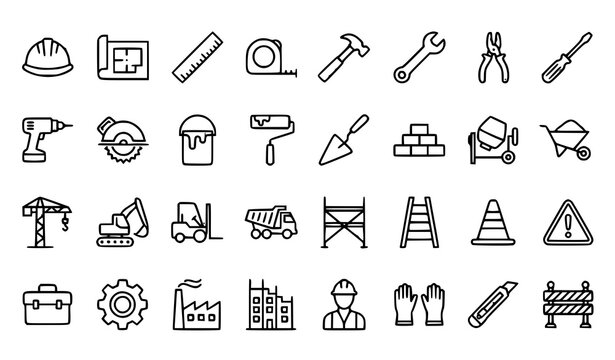 Minimal construction thin line icon collection featuring engineering building tools and contractor symbols on transparent background