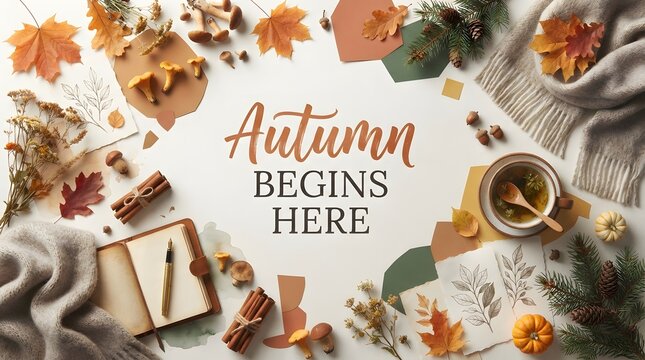 Autumn themed flat lay with fall leaves and cozy decor. Seasonal composition for marketing and greeting cards.