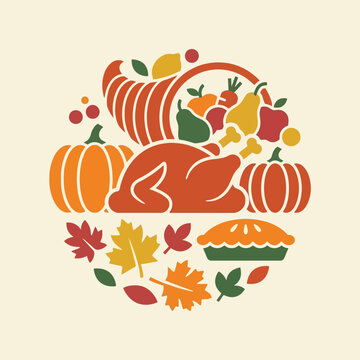 A circular Thanksgiving illustration with turkey, pumpkins and autumn leaves