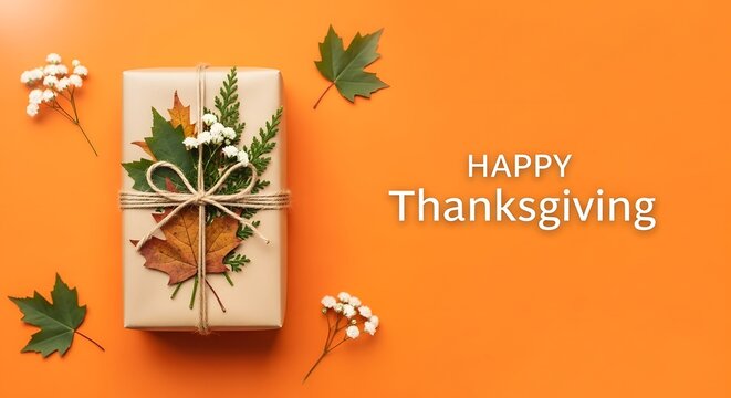 Festive thanksgiving gift with autumn leaves and natural twine decoration