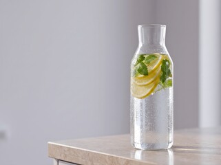 Obraz premium Elegant glass bottle filled with chilled infused lemon and mint water on stone counter