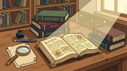 ** Vintage Study Scene Featuring an Open History Book with Sunlight Streaming Through a Window, Ideal for Educational and Literary Themes © Azkama