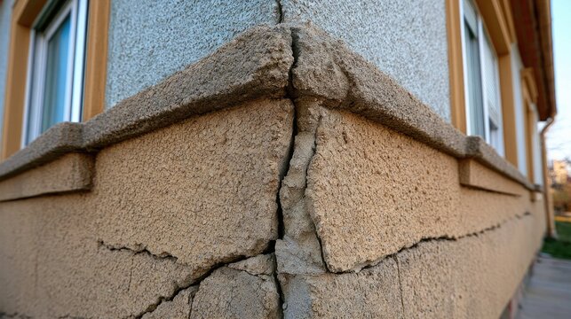 Close-Up of Cracked Wall Corner Highlighting Structural Damage and Weathering Effects on a Residential Building