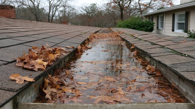Clogged Gutter with Water and Fallen Leaves on a Residential Roof during Autumn Season