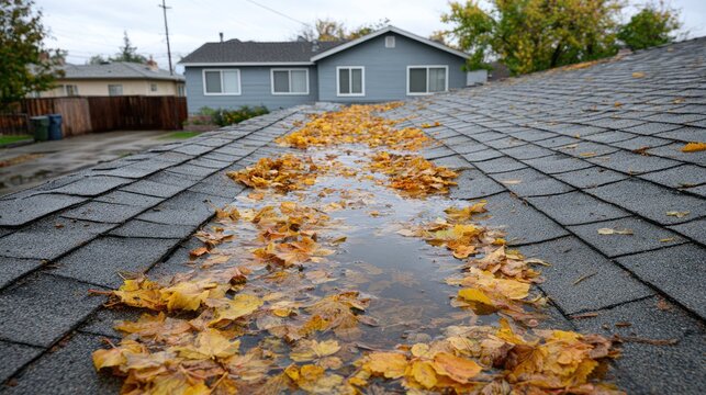 Autumn Leaves and Rainwater on Roof Tiles Creating a Scenic View of a House in a Residential Neighborhood