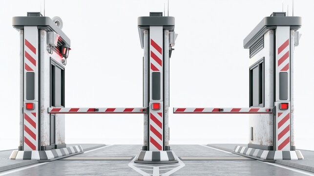 Multiple closed red and white striped automatic boom gate barriers with toll booths on plain gray background for vehicle access control at security checkpoint