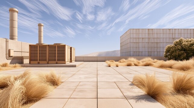 Multiple beige industrial air conditioning units installed on concrete platform surrounded by dry ornamental grass under blue sky with wispy flowing clouds