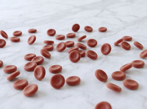 Numerous red biconcave disc-shaped objects resembling blood cells scattered on a light marble surface.