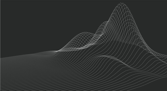 Abstract 3D wireframe terrain illustration with undulating white lines on dark background for data visualization, tech backdrop